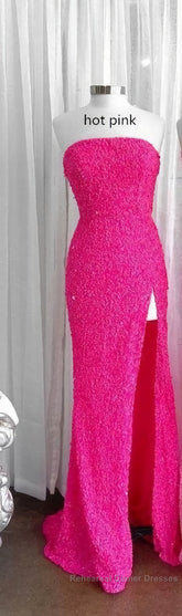 Strapless Pink Sequins Semi Formal Prom Dress with Slit,Sparkly White Night Dresses Party Event